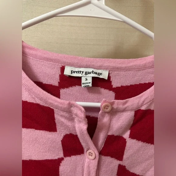 Pretty Garbage Pink & Red Checker Knit Cropped Cardigan | Size S - Picture 3 of 5